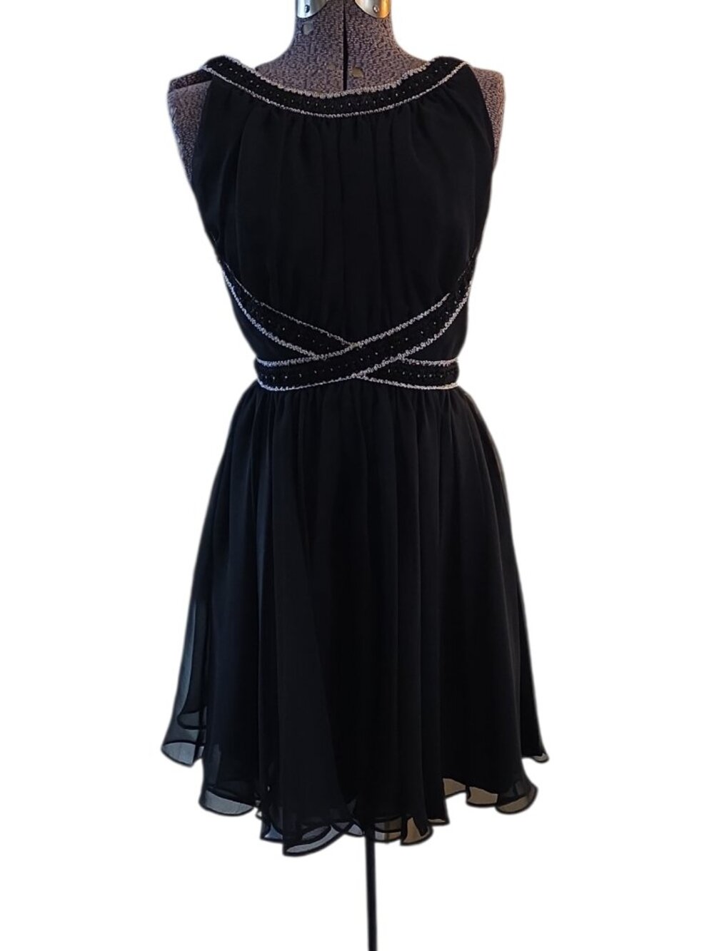 Vintage 1960's-70's Alfred Werber Black Chiffon Party Dress Silver Metallic